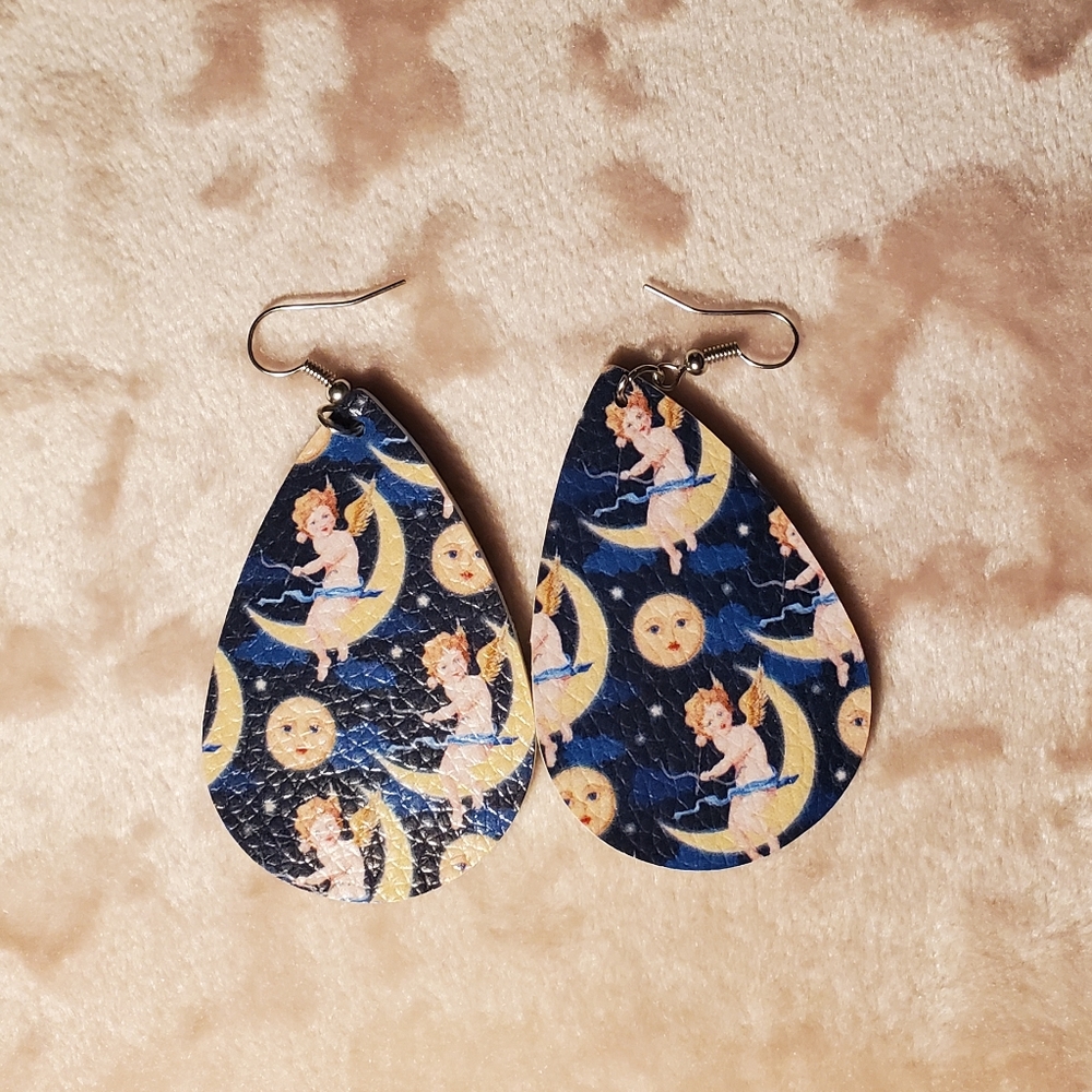 Earrings Faux Leather Starry Night Angels Cherub Moon Stars Drop
